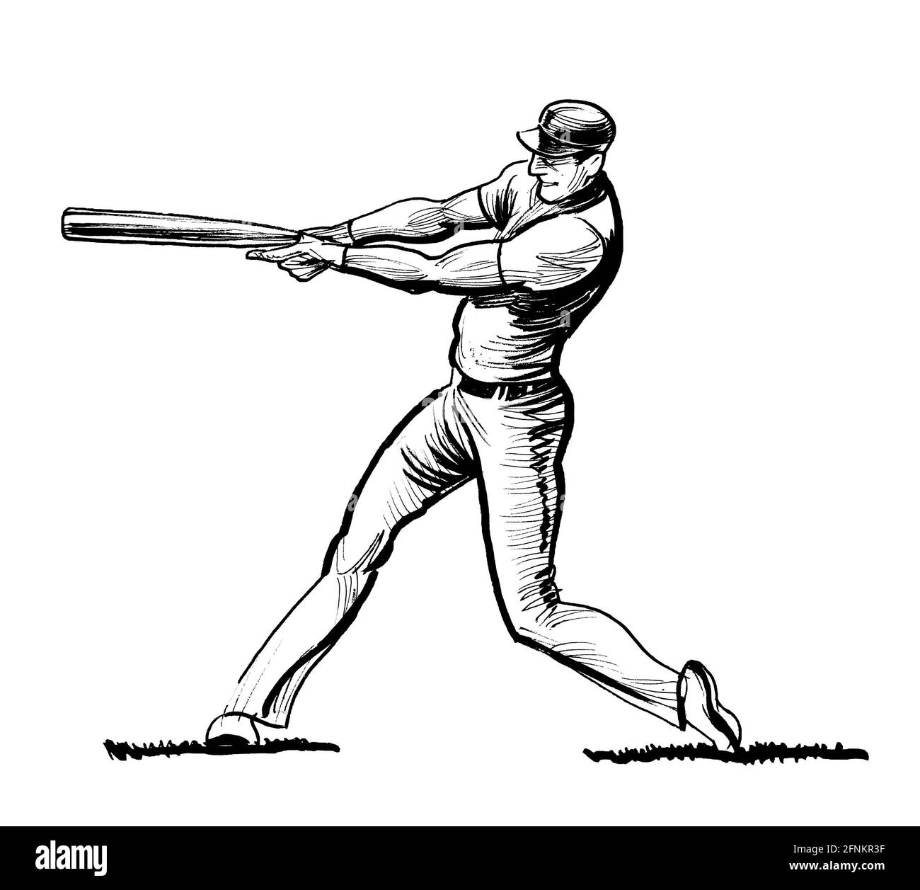 Jugador con un bate de béisbol. Dibujo en blanco y negro de tinta