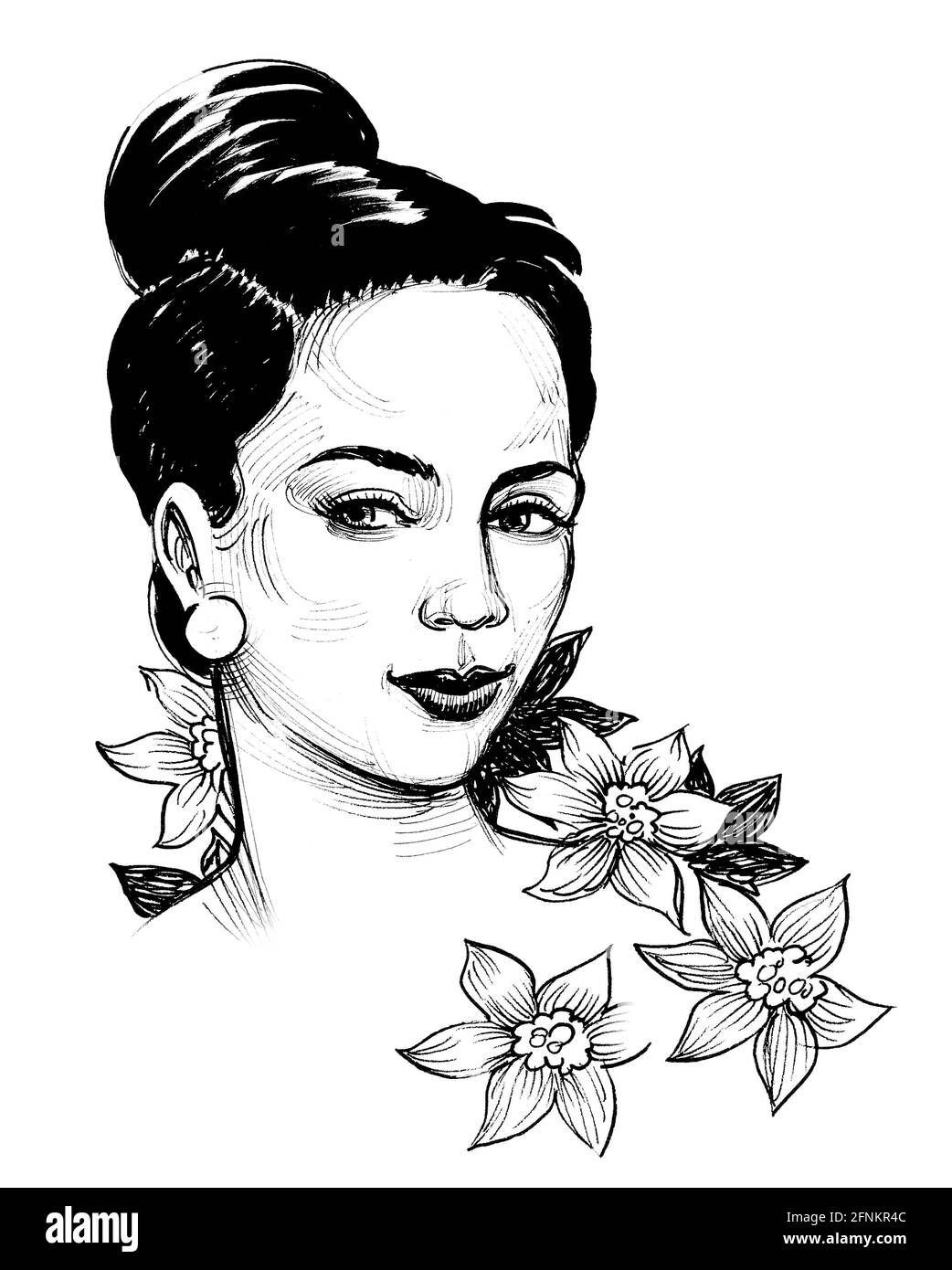 Hermosa mujer y flores en flor. Dibujo en blanco y negro con tinta  Fotografía de stock - Alamy