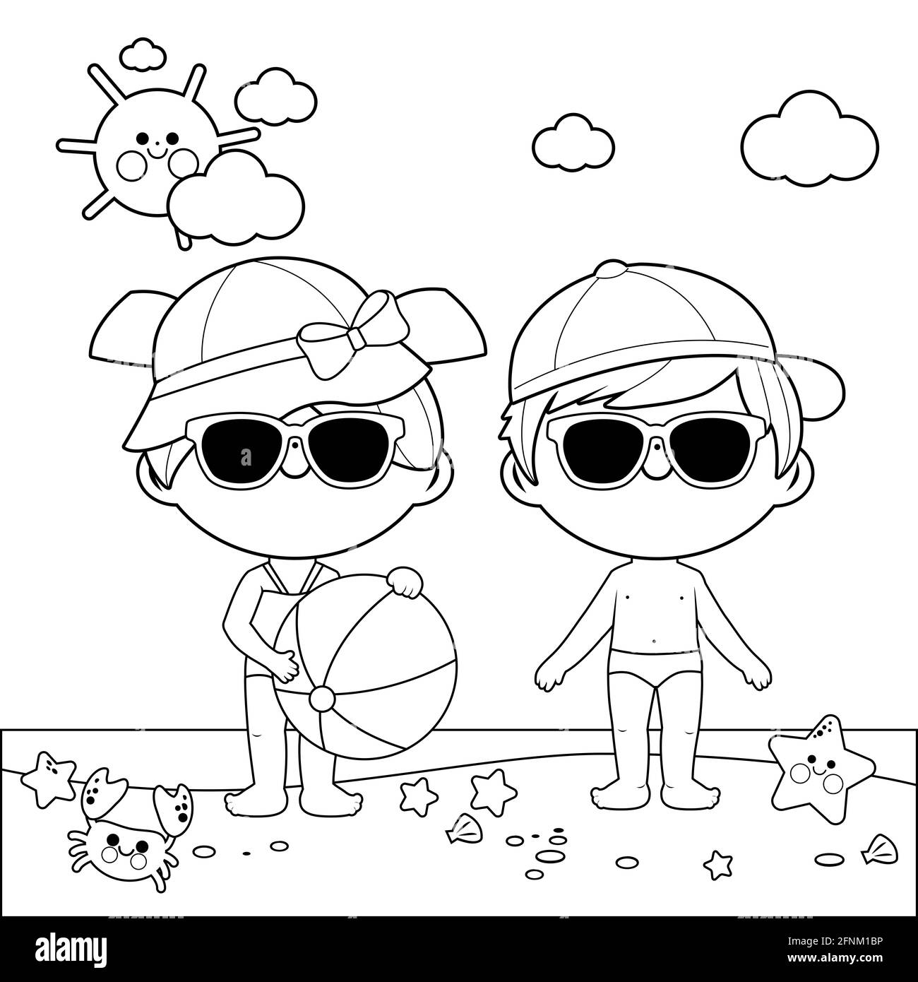 Niños en la playa con sombreros y gafas de sol. Página de libro para  colorear en blanco y negro Fotografía de stock - Alamy