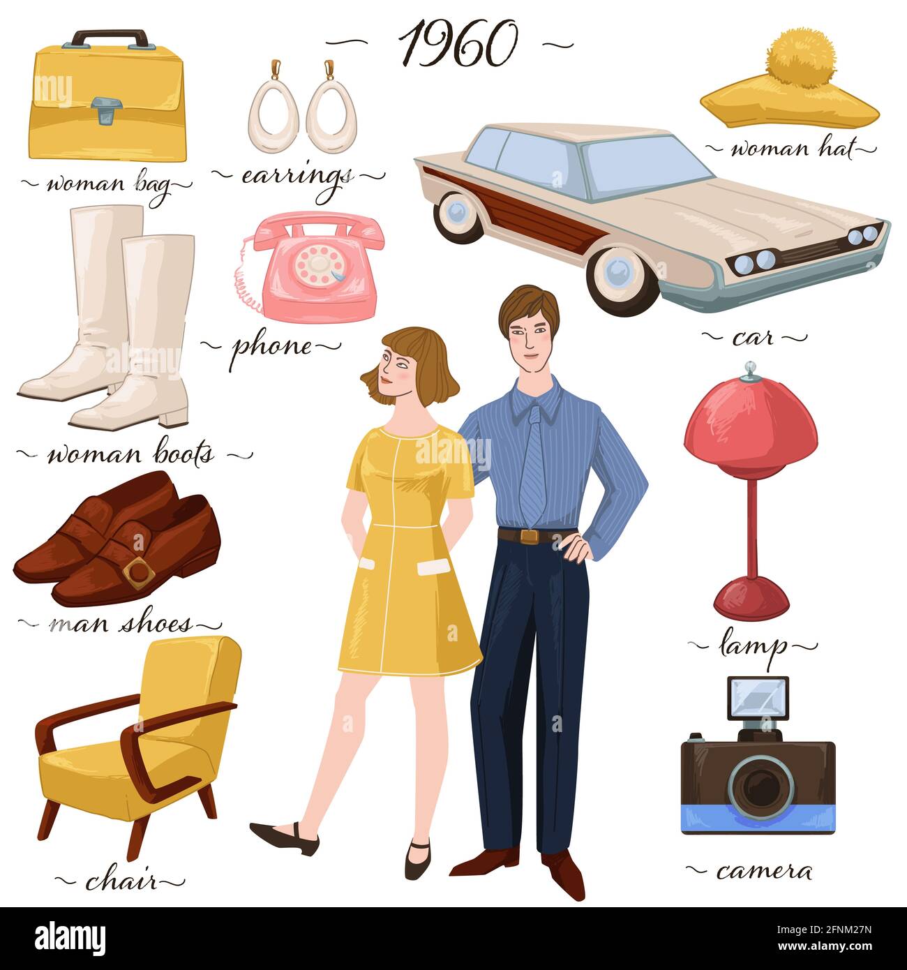 Moda y ropa, muebles y objetos de 60s Imagen Vector de stock - Alamy