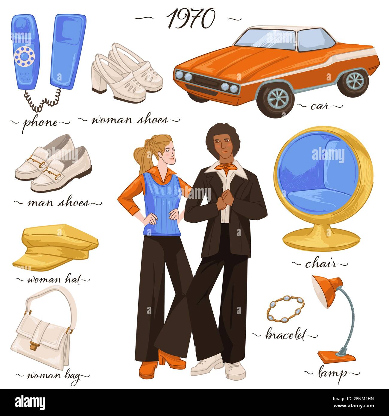 domesticar Viajero maleta Moda y ropa, muebles y objetos de 70s Imagen Vector de stock - Alamy