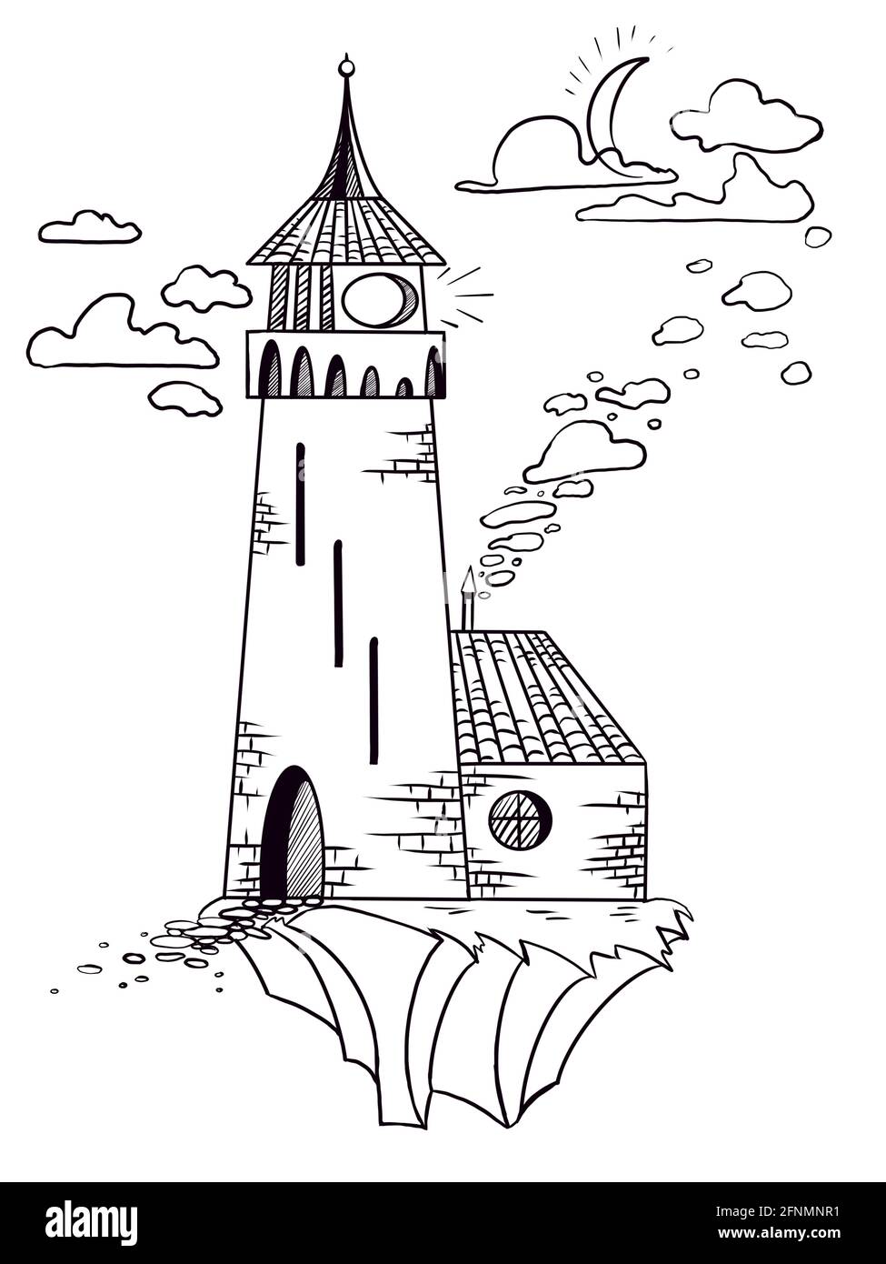 Boceto gris con torre. Ilustración gráfica Foto de stock