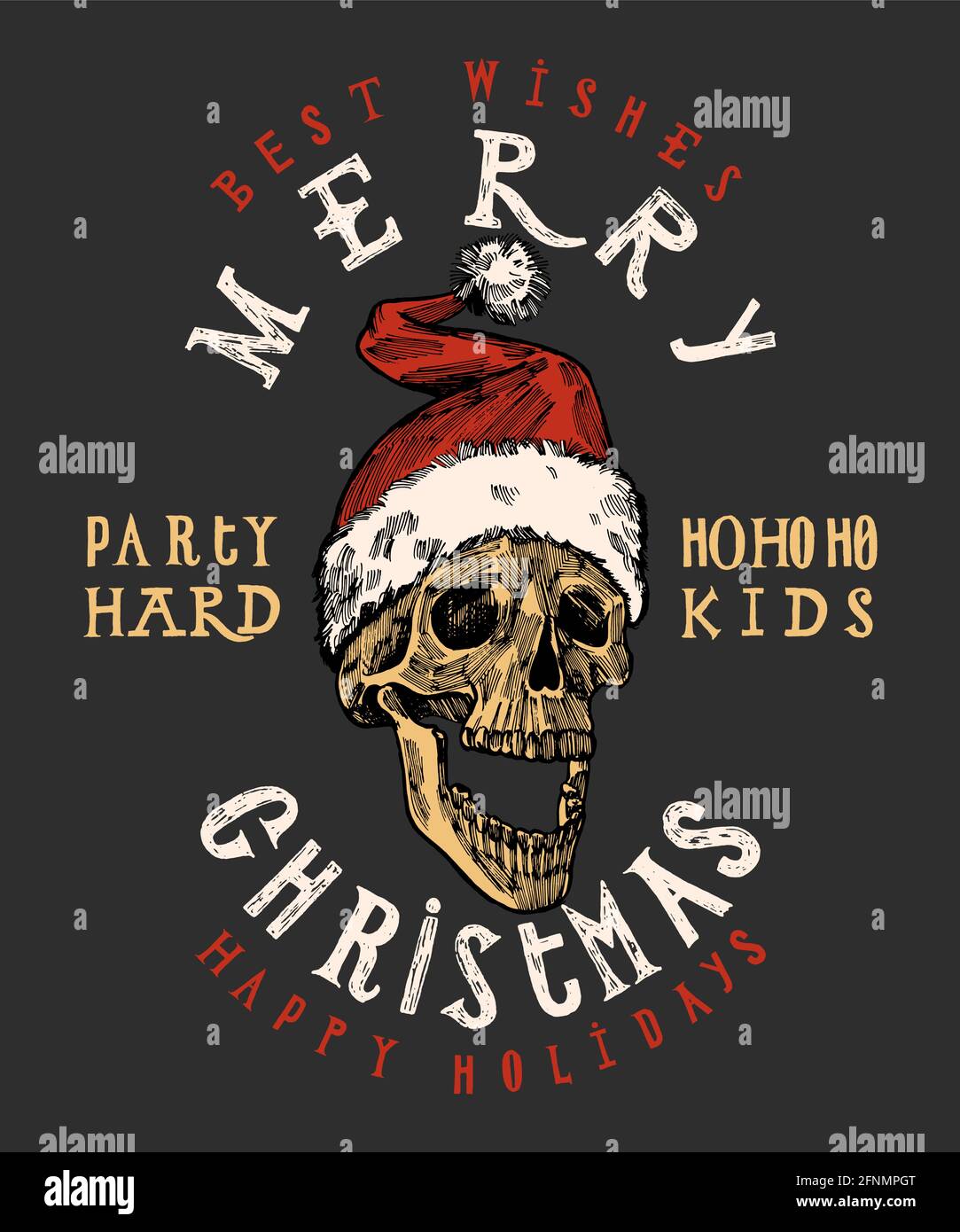 feliz navidad santa claus craneo estampado. letras de navidad duro. rock  navidad camiseta estampado Imagen Vector de stock - Alamy