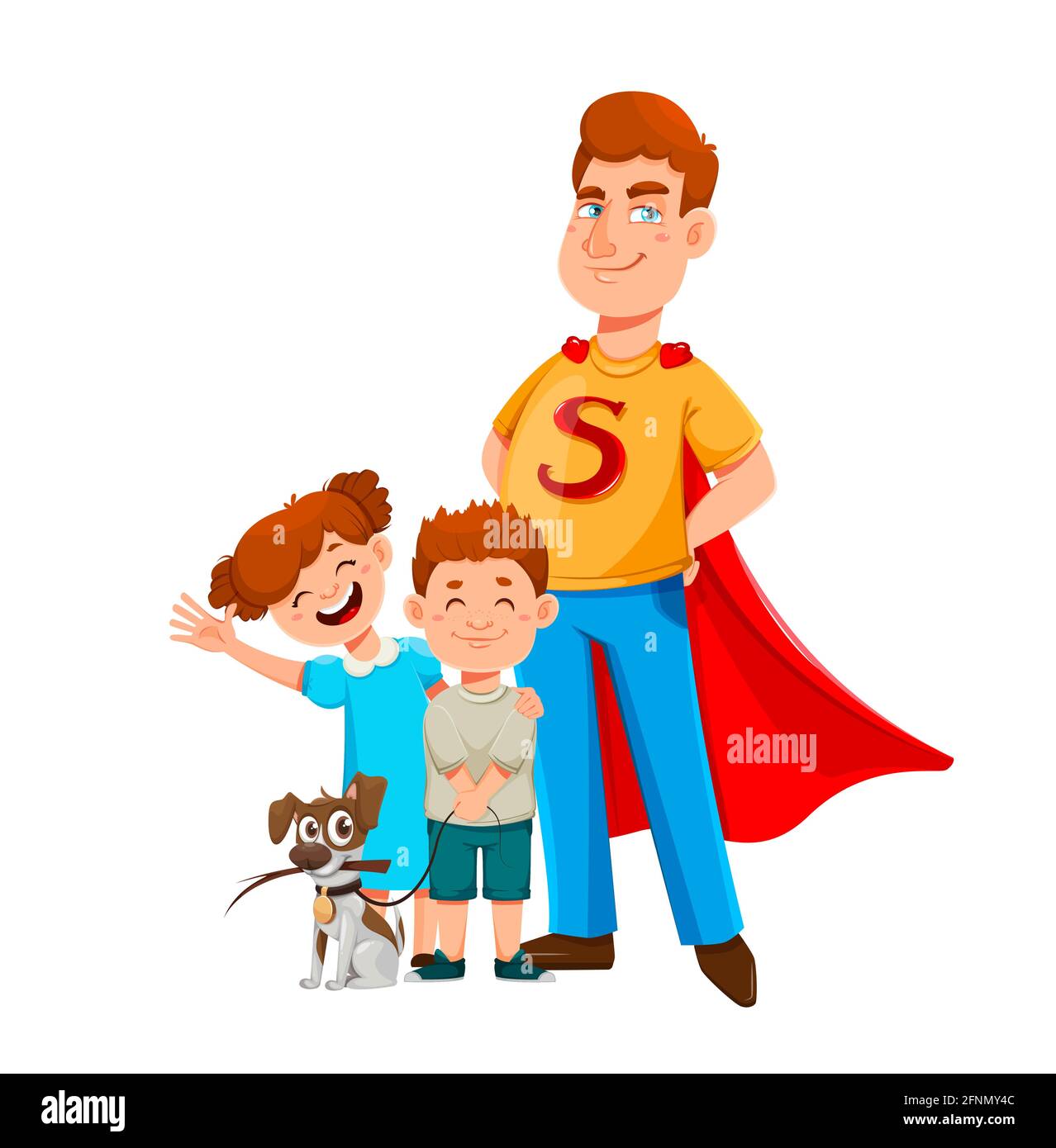 Feliz día del Padre. Papá con traje de superhéroe se pone de pie con su  hijo y su hija. Personajes animados alegres. Ilustración vectorial sobre  fondo blanco Imagen Vector de stock -