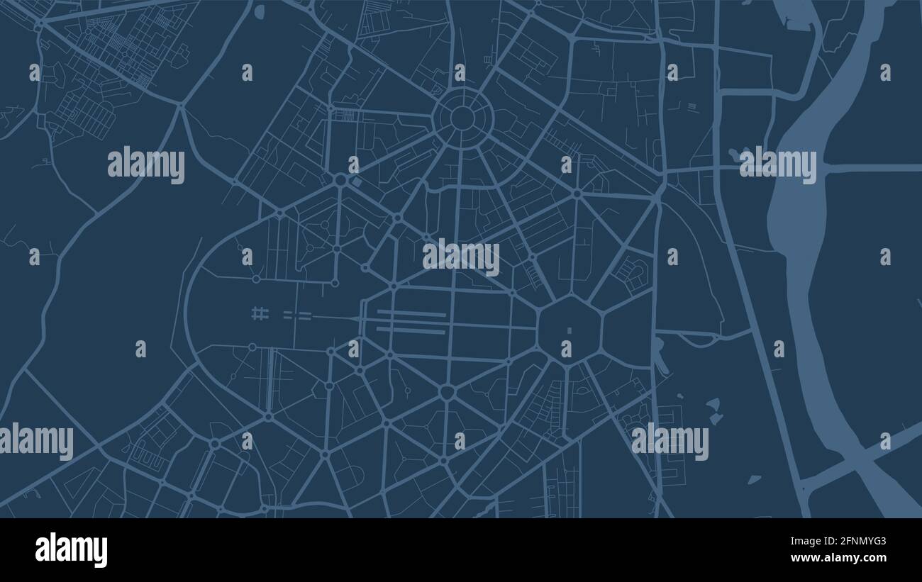 Mapa de fondo vectorial del área de la ciudad de Delhi, calles e ilustración cartográfica del agua de color azul oscuro. streetmap de formato panorámico y diseño plano digital. Ilustración del Vector