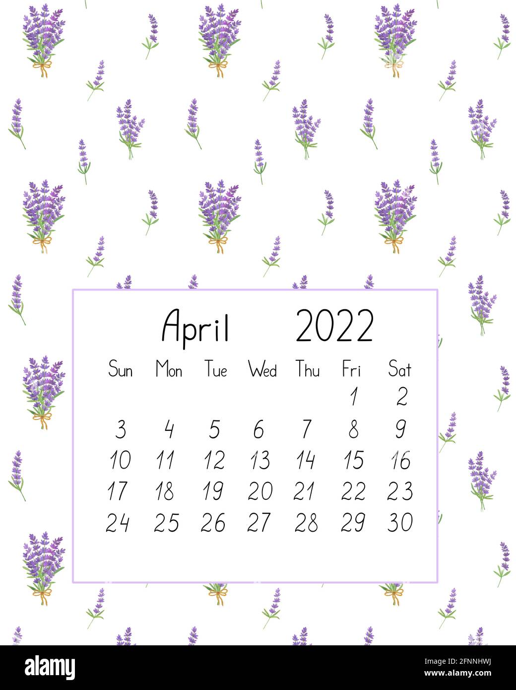 Calendario del año 2022 para abril watercolor floral ilustración sin  costuras, página para imprimir, dibujo a mano de flores de lavanda de la  Provenza francesa Fotografía de stock - Alamy