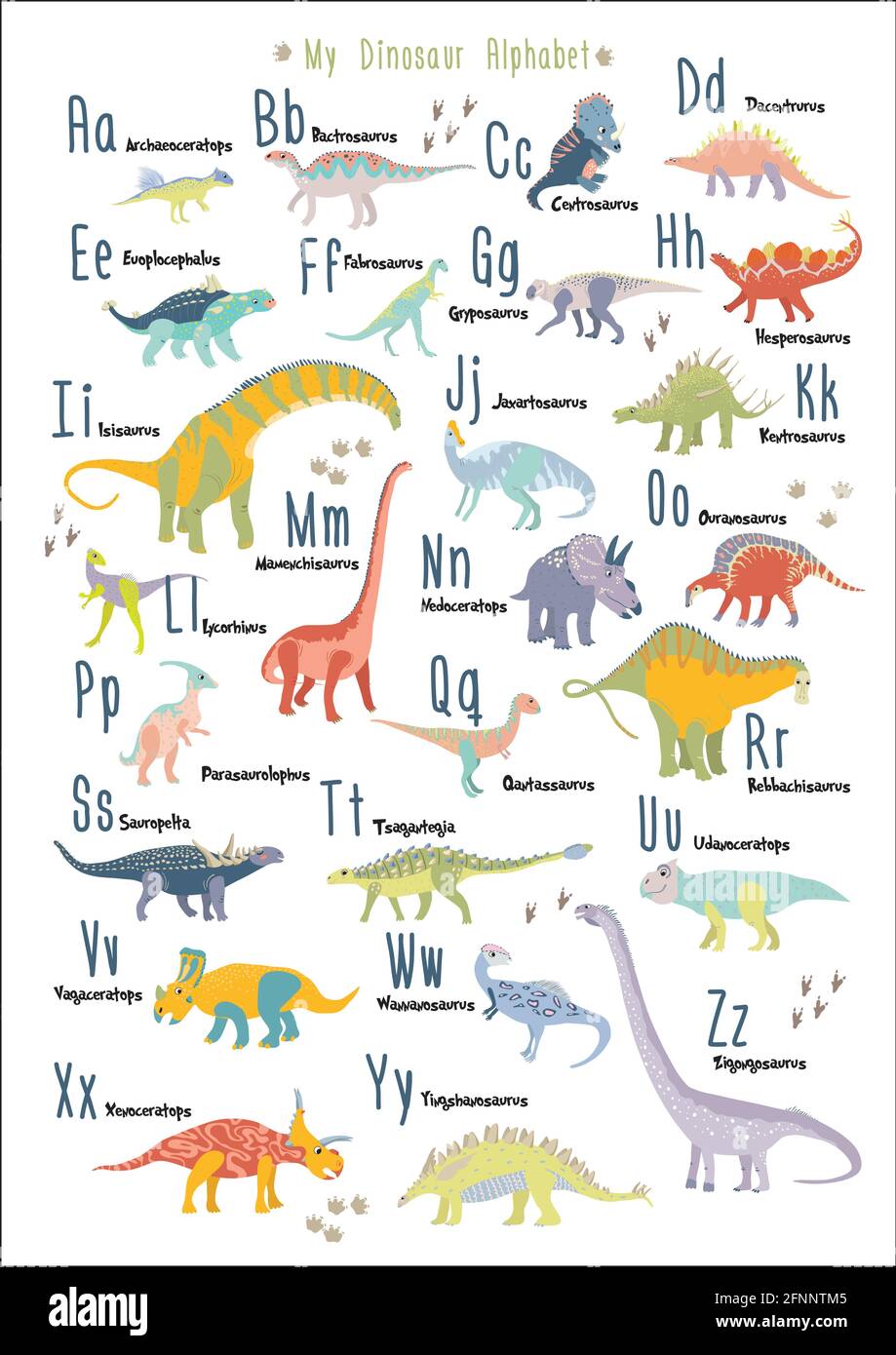 Lindo alfabeto de dinosaurios. Cada dinosaurio es para cada lettern para el  alfabeto inglés ABC. Póster para niños. Decoración de la sala de juegos  para niños. Dinosaurios Imagen Vector de stock -