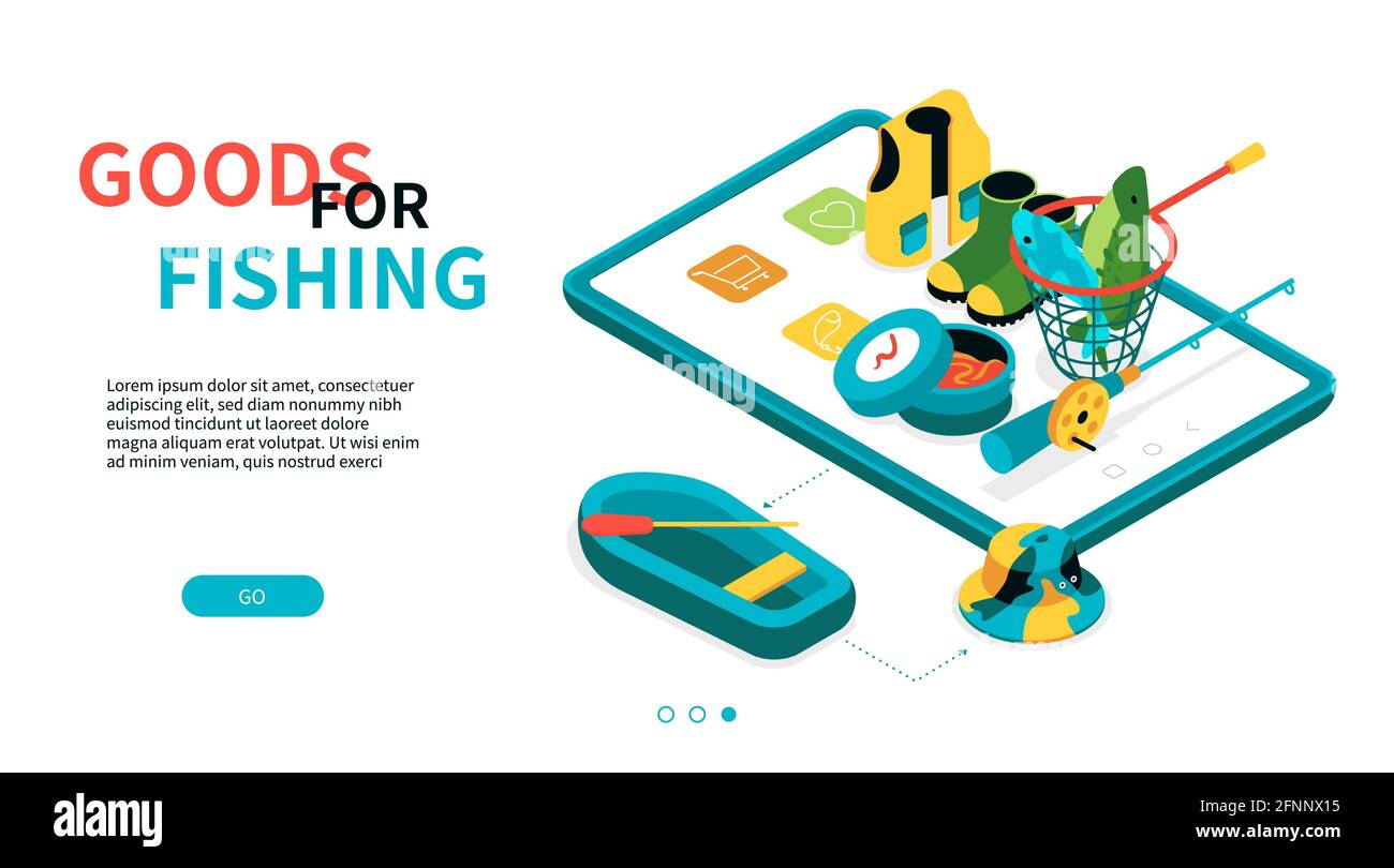 Bienes para la pesca - moderno colorido banner web isométrico con espacio de copia para texto. Hobby, recreación, idea de ocio. Pescado, botas de goma, caña, barco y. Ilustración del Vector