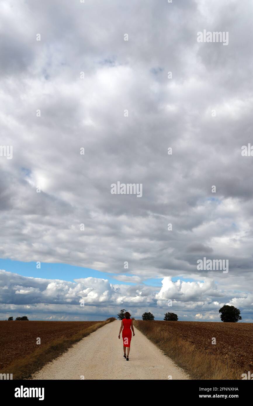 Vista trasera de una mujer caminando sola en la carretera de campo recta. Cielo nublado. Francia. Foto de stock
