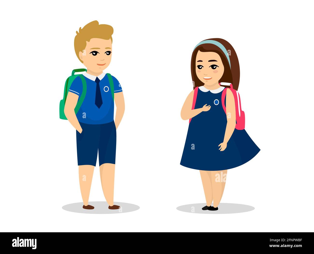 El colegial y la colegiala se ponen de con un uniforme azul. Lindo dibujo animado sonriente niño y niña escolar con bolsa escuela. Niño niña feliz alumno. Los