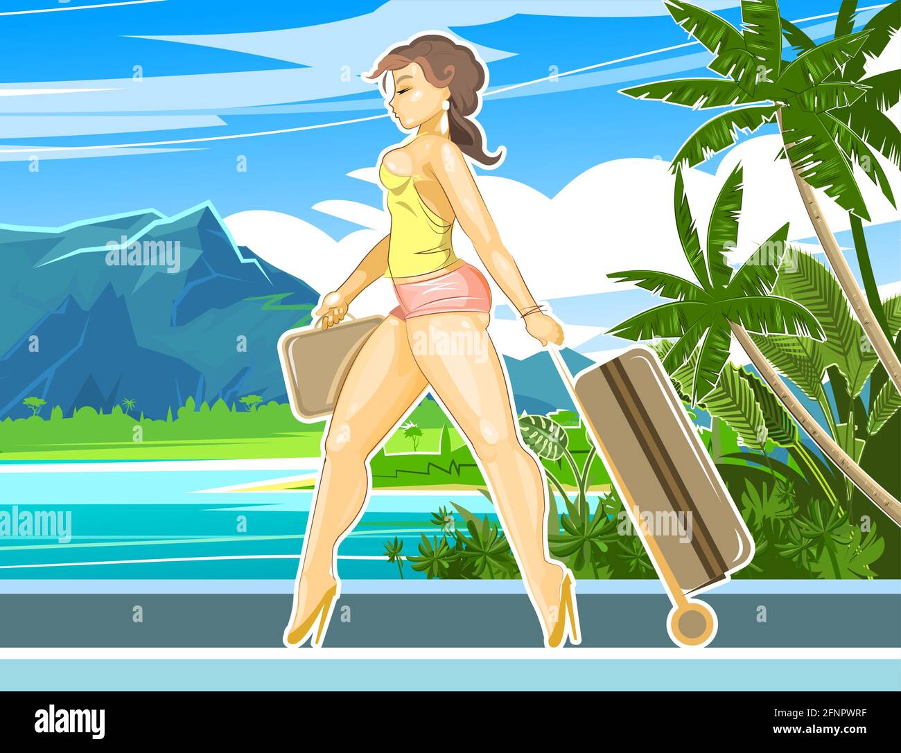 Una chica bonita va de vacaciones. Playa con playa, montañas y palmeras.  Mujer hermosa con una maleta y una bolsa de viaje. Estilo plano de dibujos  animados Imagen Vector de stock -