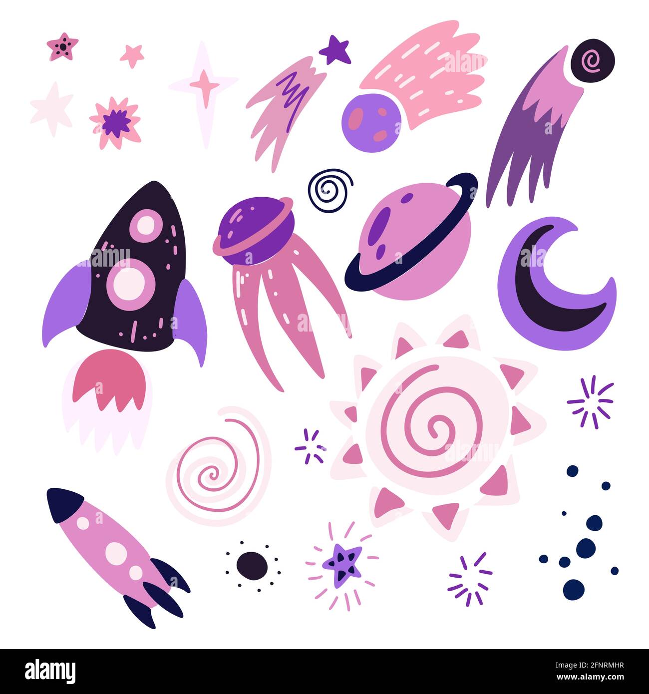 Conjunto de elemento cosmos infantil con estrellas, luna, transbordador,  nave espacial y meteorito con decoración. Objeto de dibujo animado  vectorial del universo con puntos. Vect Imagen Vector de stock - Alamy