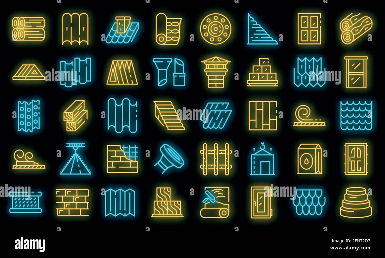 Conjunto de iconos de materiales de construcción. Esquema conjunto de materiales de construcción iconos vectoriales color neón sobre negro Ilustración del Vector