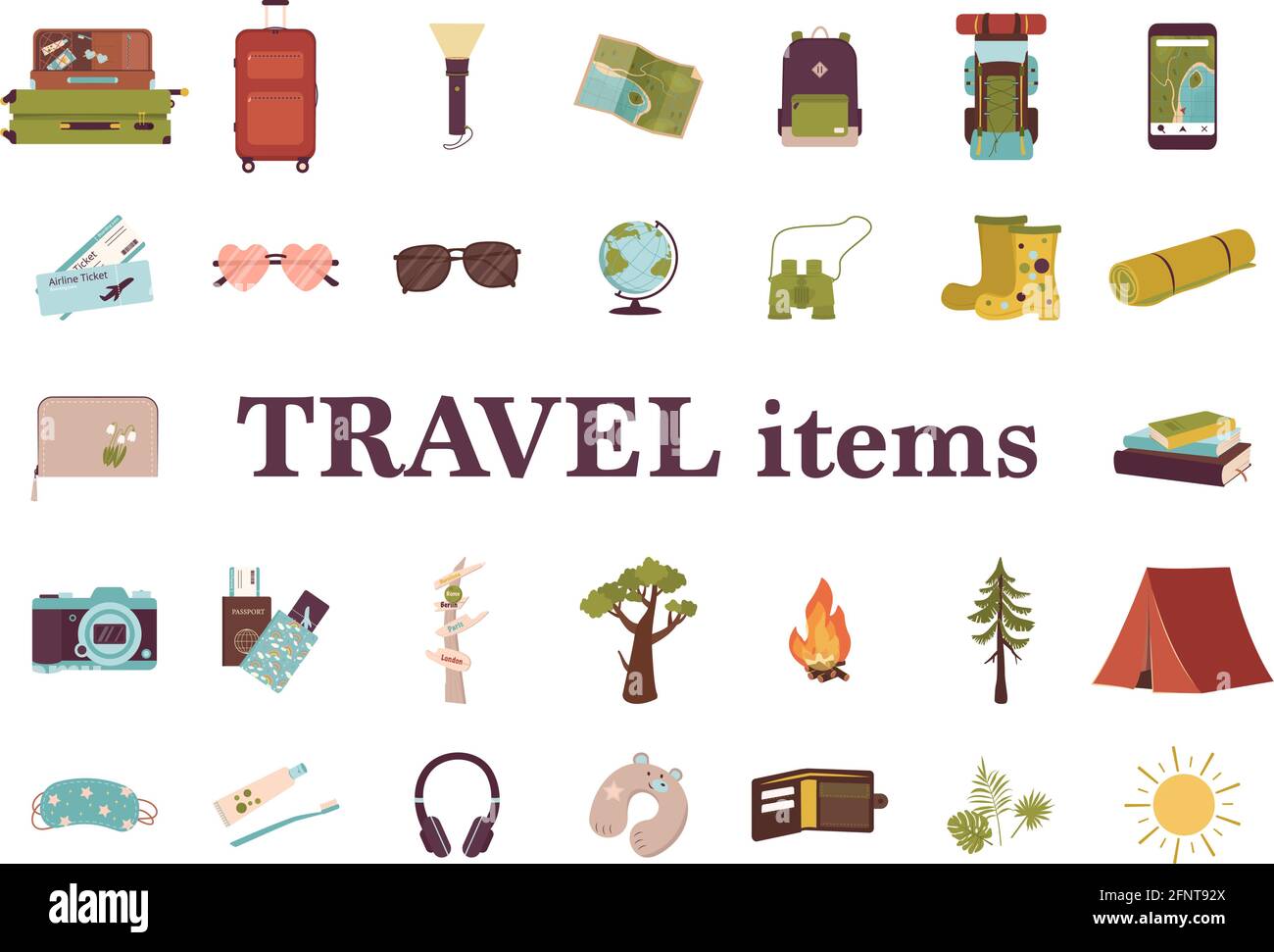 conjunto de material de viaje para vacaciones de aventura, viajes