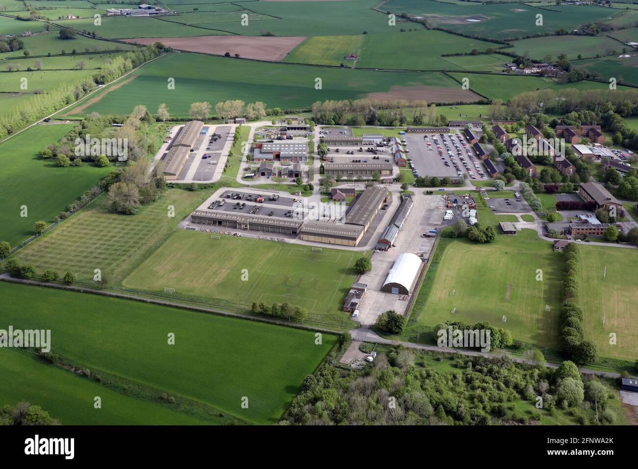 Vista aérea del extremo noroeste del antiguo cuartel del ejército de Claro en Clotherholme Road, Ripon, North Yorkshire Foto de stock