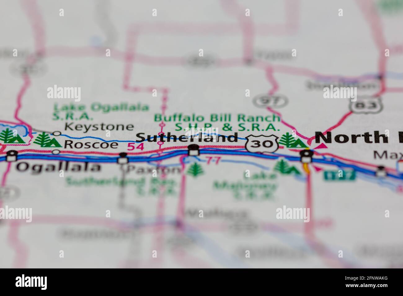 Sutherland Nebraska USA se muestra en un mapa geográfico o carretera