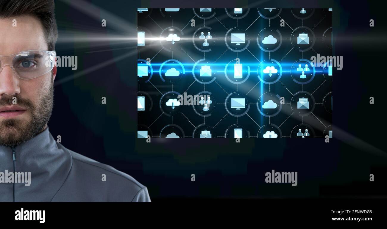Composición del hombre con iconos digitales de productividad en la pantalla Foto de stock