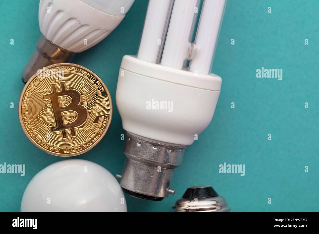 Concepto de sostenibilidad ecológica de criptomoneda de Bitcoin. Moneda con bombilla Foto de stock