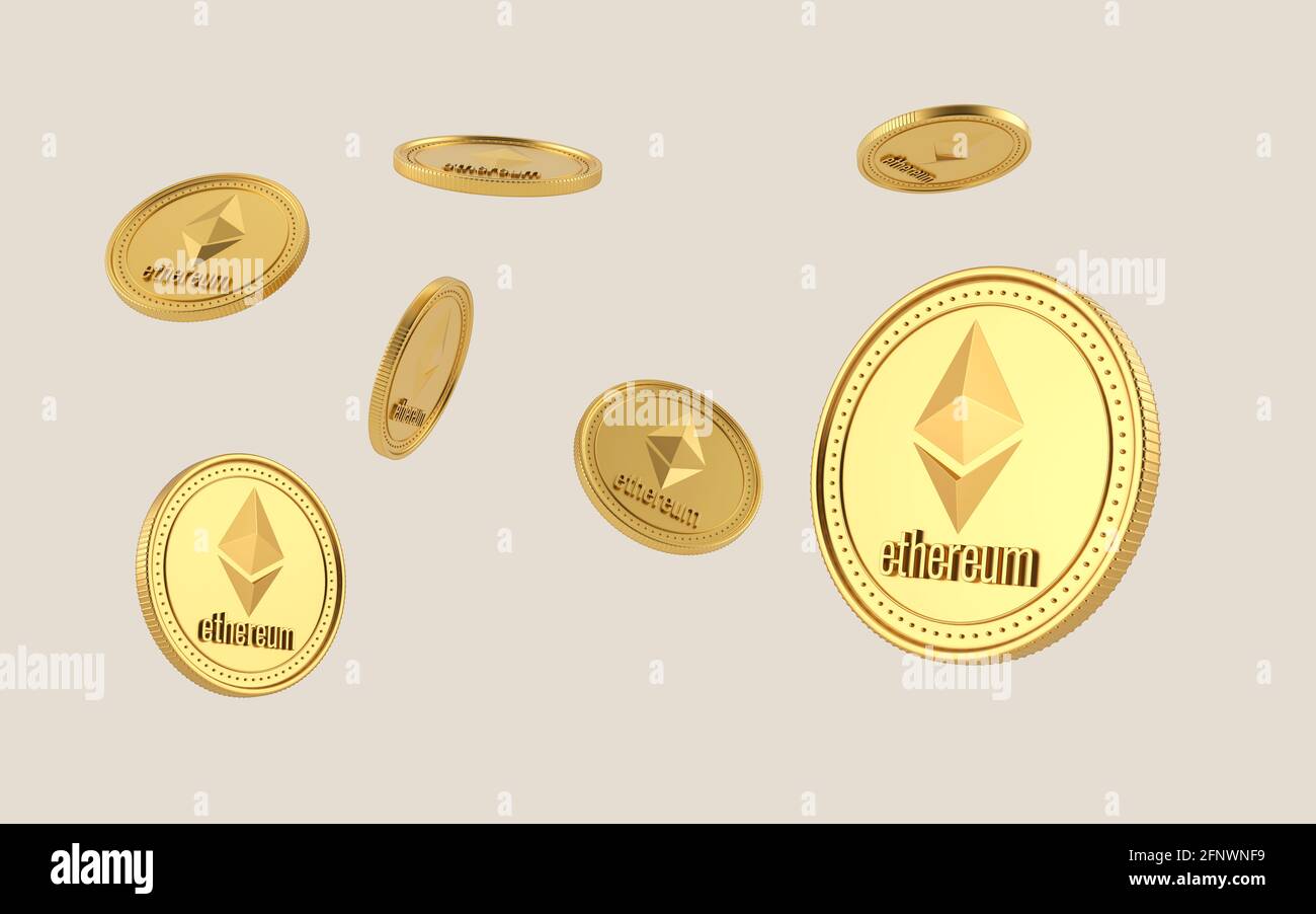 Ethereum moneda volando sobre fondo claro. Criptomoneda de Ethereum. Blockchain, cambio de moneda digital. Diferentes posiciones y rotaciones. 3d renderizado Foto de stock