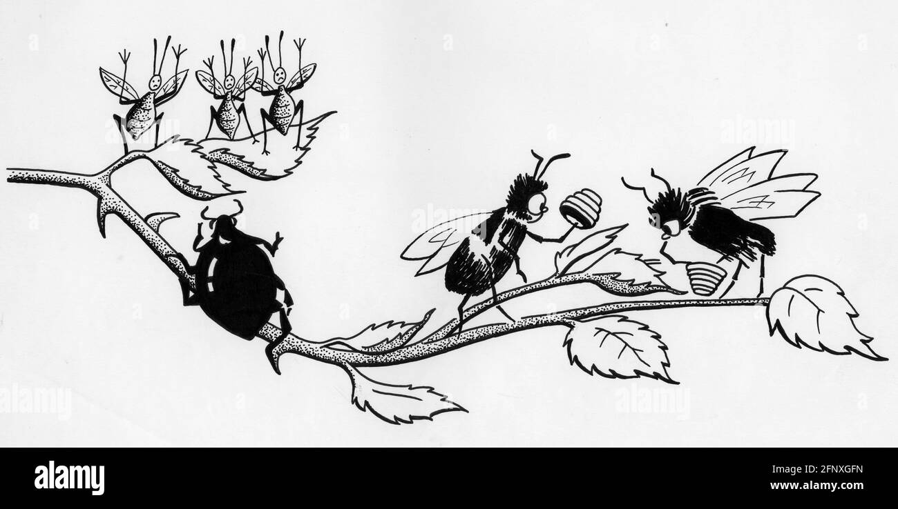 Dibujo de estilo de dibujos animados de un grupo de áfidos que se están rindiendo a una mariquita mientras dos insectos recogen el rocío de miel de una planta Foto de stock