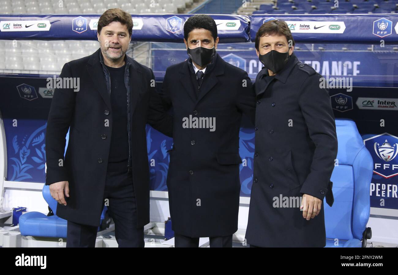 Entrenador Del Psg Mauricio Pochettino Presidente Del Psg Nasser Al Khelaifi Director Deportivo Del Psg Leonardo Araujo Celebra La Victoria Tras El Partido De Futbol De La Copa De Francia Entre As