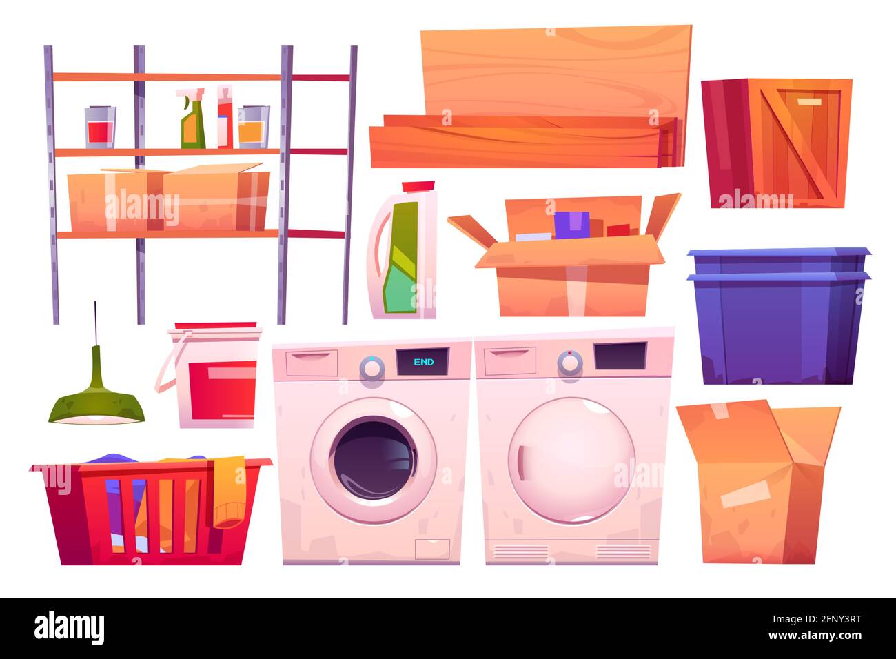 Equipo de lavandería para lavar y secar la ropa. Juego de dibujos animados vectoriales de lavadora y cesta detergentes. Cuarto de almacenaje con lavadero, cajas, estantes, tablas de madera