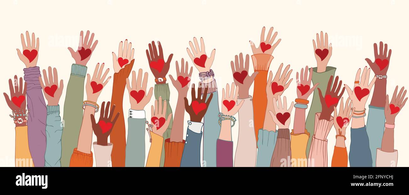 Grupo de brazos y manos levantados. Gente diversa con corazón en la mano. Donación de caridad y trabajo voluntario. Apoyo y asistencia. Personas multiculturales Ilustración del Vector