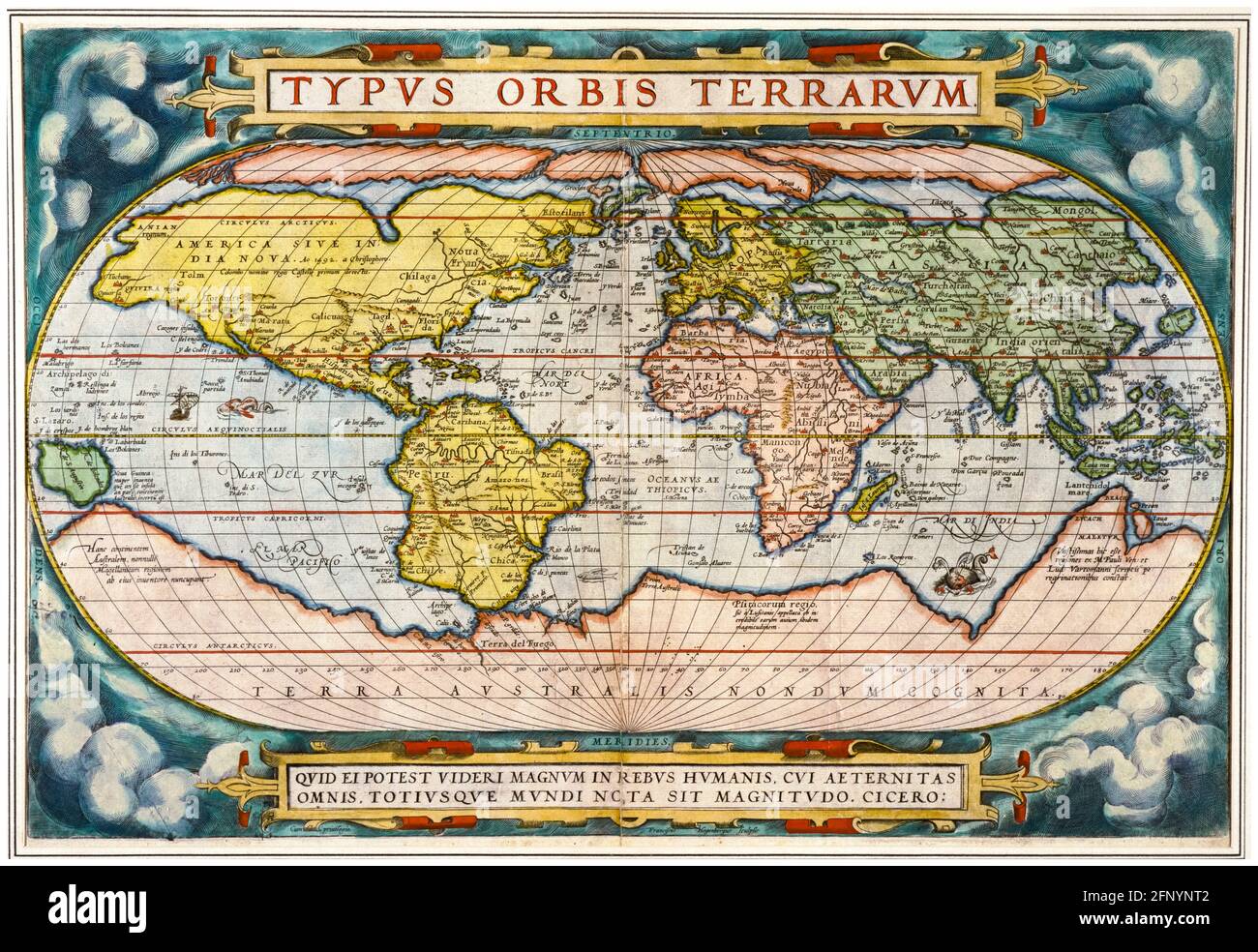 Siglo 16th, Mapa Vintage del Mundo de 'Theatrum Orbis Terrarum' (Teatro del Mundo entero), impreso por Abraham Ortelius, 1570 Foto de stock