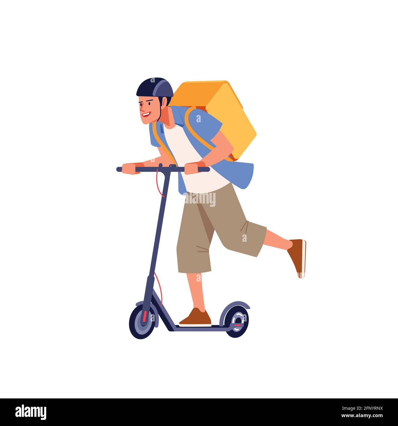 Hombre de reparto en casco que monta un scooter eléctrico que lleva una  caja térmica. Retrato de un joven mensajero alegre que entrega comida o  paquete. Entrega rápida Imagen Vector de stock -
