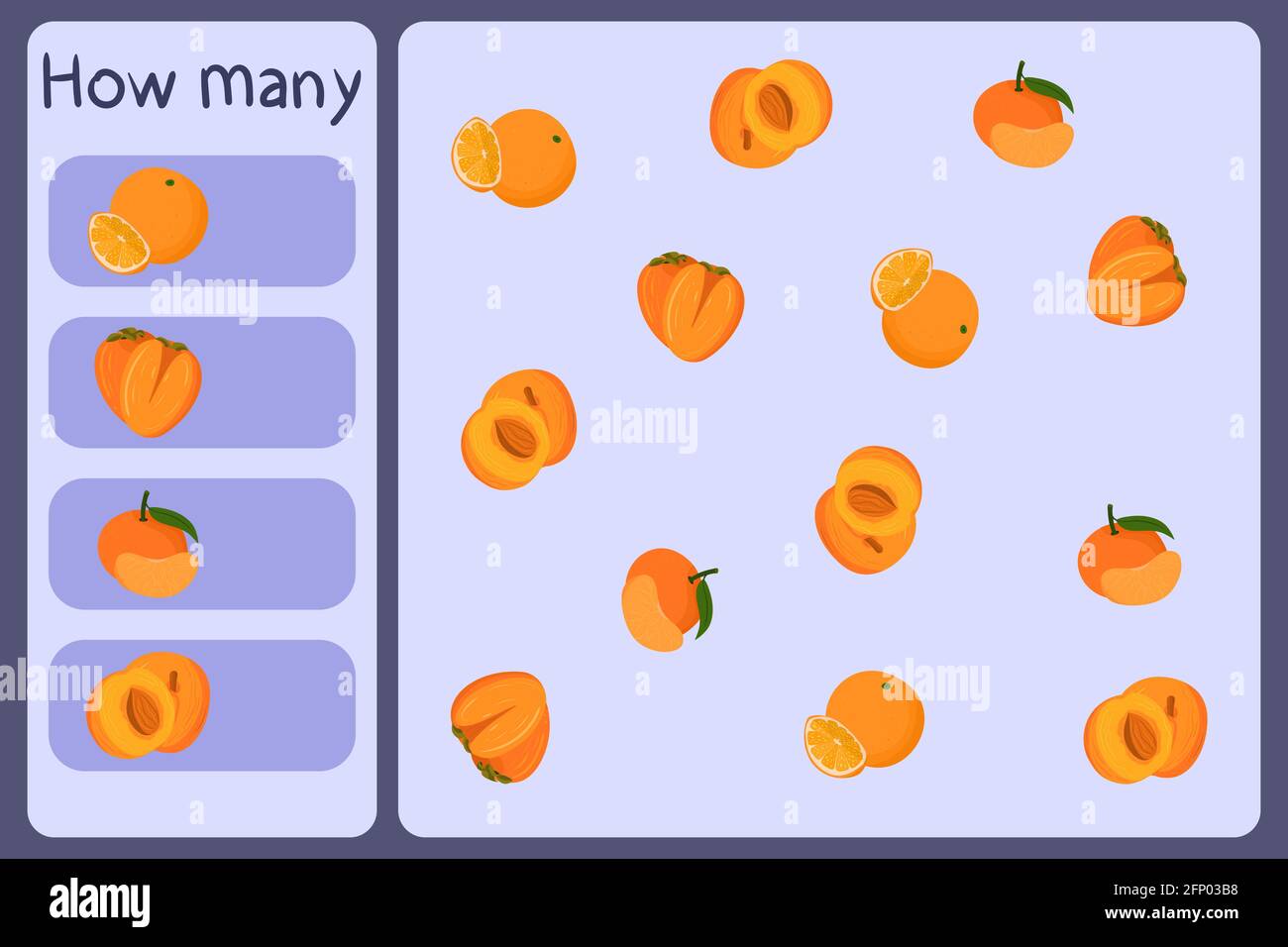 Mini juego matemático para niños - cuente cuántas frutas - naranja, caqui,  tangerina, albaricoque. Juegos educativos para niños. Plantilla de diseño  de dibujos animados en un colorido fondo. Gráfico vectorial Imagen Vector