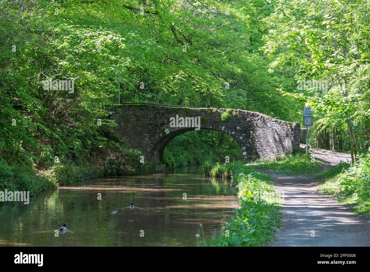 Puente de piedra a,ong el Canal de Monmouthshire y Brecon, Powys. Foto de stock