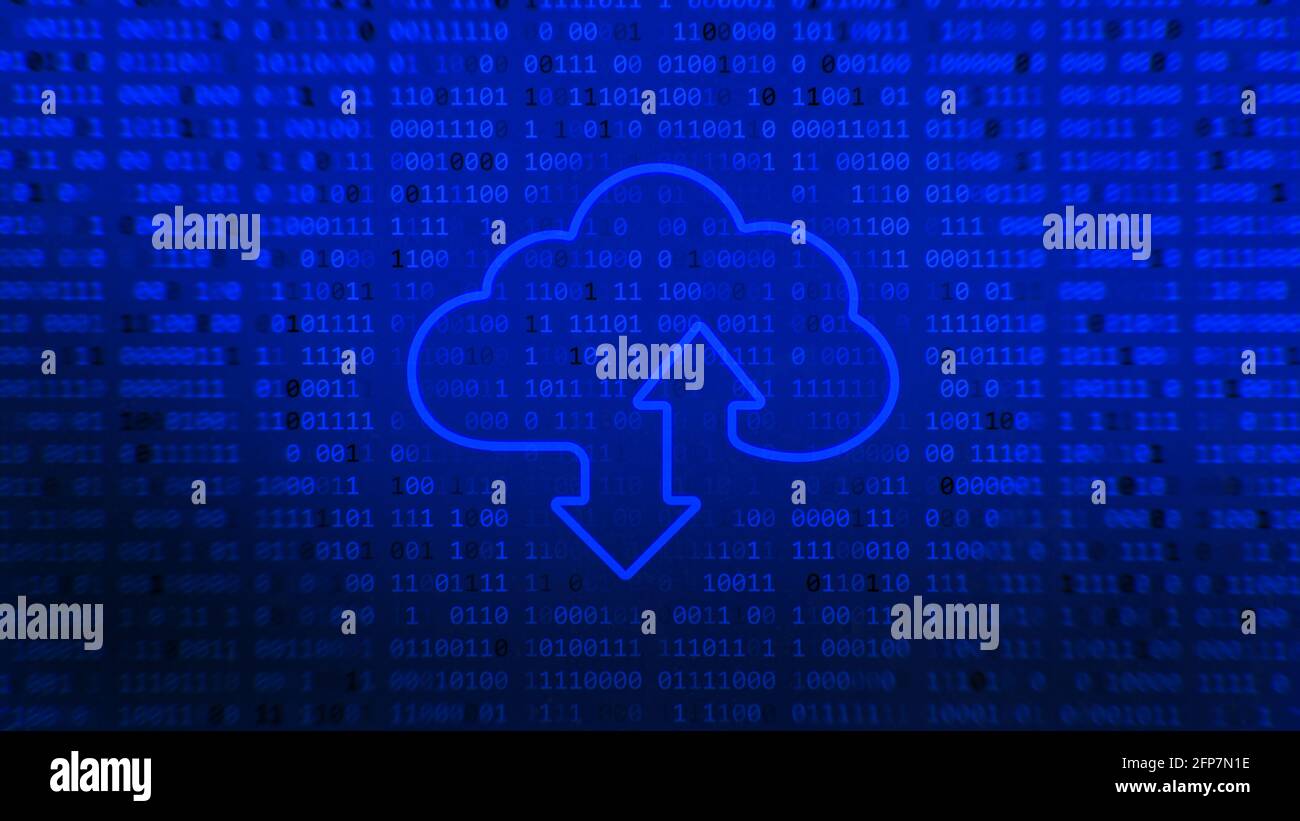 Concepto digital de cloud computing de código. Señal de almacenamiento de nubes blindadas con dos flechas arriba y abajo sobre fondo azul. Tecnología en la nube. 3d renderizado Foto de stock