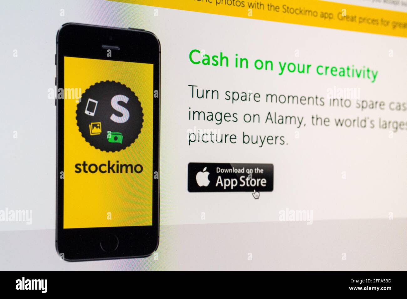 Página de inicio de la aplicación Stockimo para iPhone en el navegador de escritorio Foto de stock
