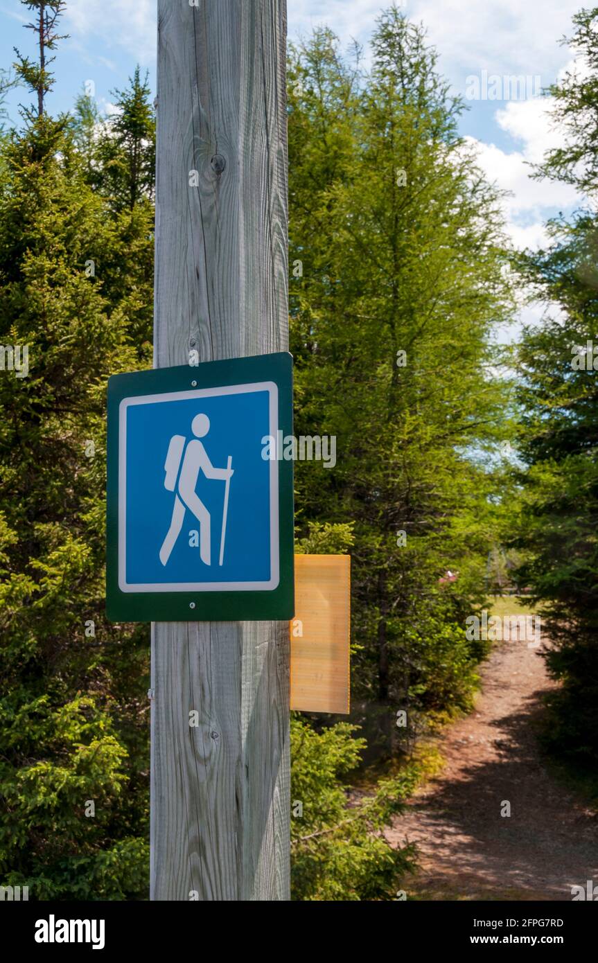 Señal para una ruta de senderismo en el Parque Nacional Terra Nova, Terranova, Canadá. Foto de stock