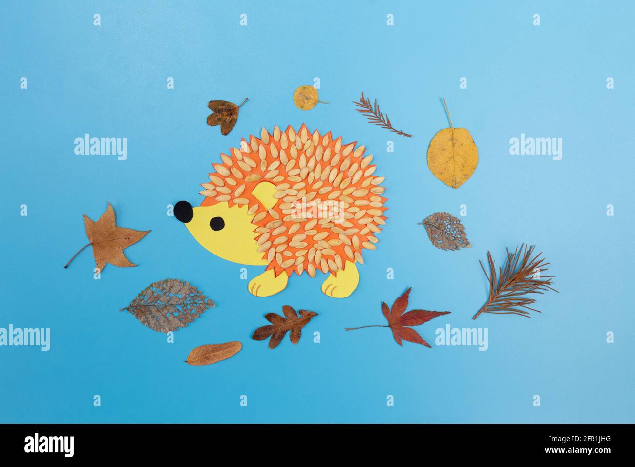 Bricolaje Fácil de erizo artesanal, otoño papel animal cortado sobre fondo  azul, la creatividad con semillas y hojas secas caída Fotografía de stock -  Alamy