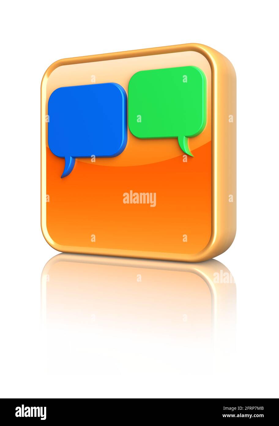 Botón de icono de chat amarillo 3D con burbujas de voz azules y verdes. Foto de stock
