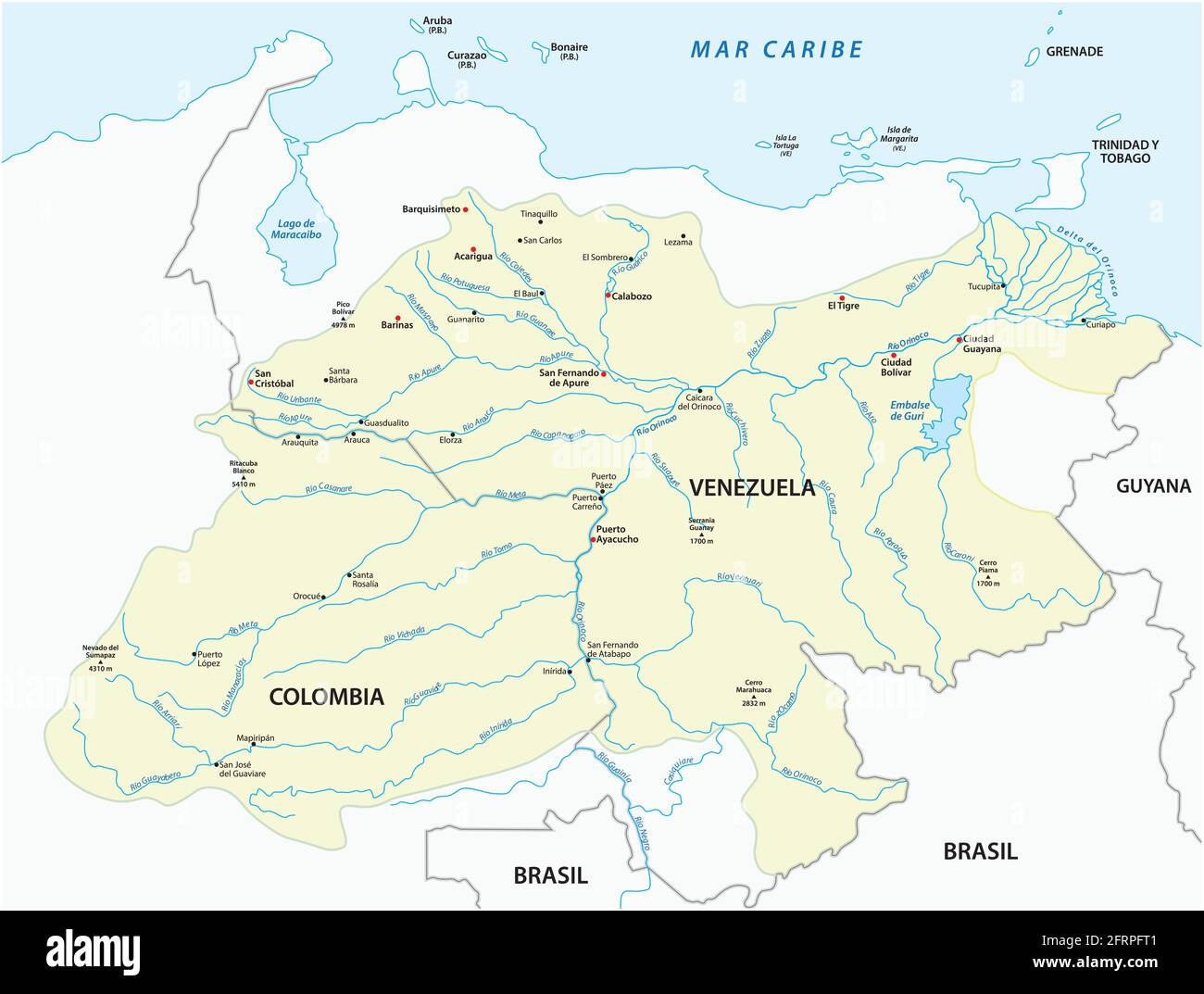 Mapa vectorial de la cuenca del río Orinoco Imagen Vector de stock - Alamy