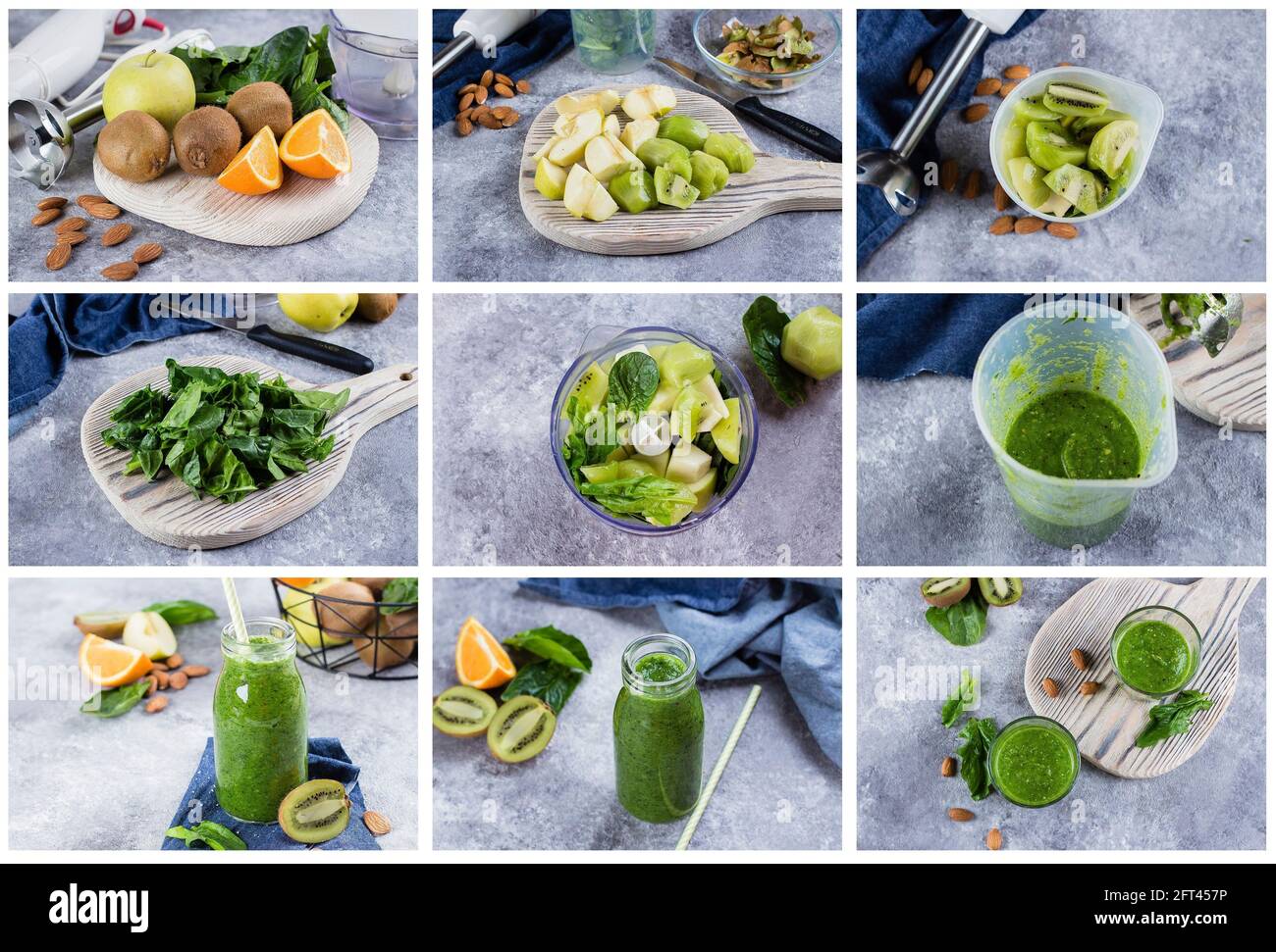 Collage de recetas paso a paso. Detox Dieting Concepto de bebida vegana.  Zumos verdes frescos o batidos en botella con frutas y almendra de nuez  sobre hormigón gris Fotografía de stock -