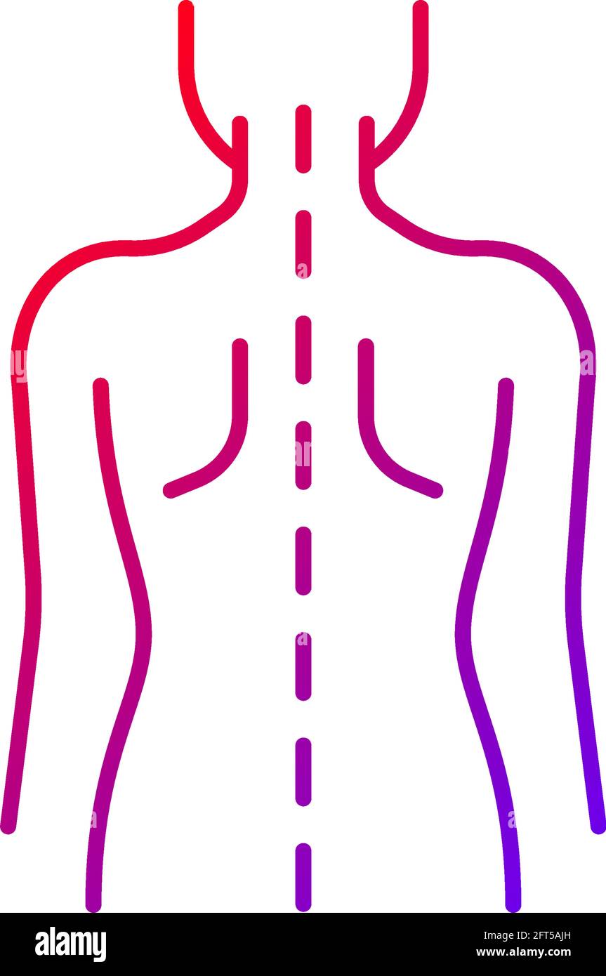 Icono de vector lineal de gradiente de postura correcta. Columna normal. Anatomía espinal normal. Sujetar el cuerpo y las extremidades a la derecha. Símbolos de color de línea fina. Pic de estilo moderno Ilustración del Vector