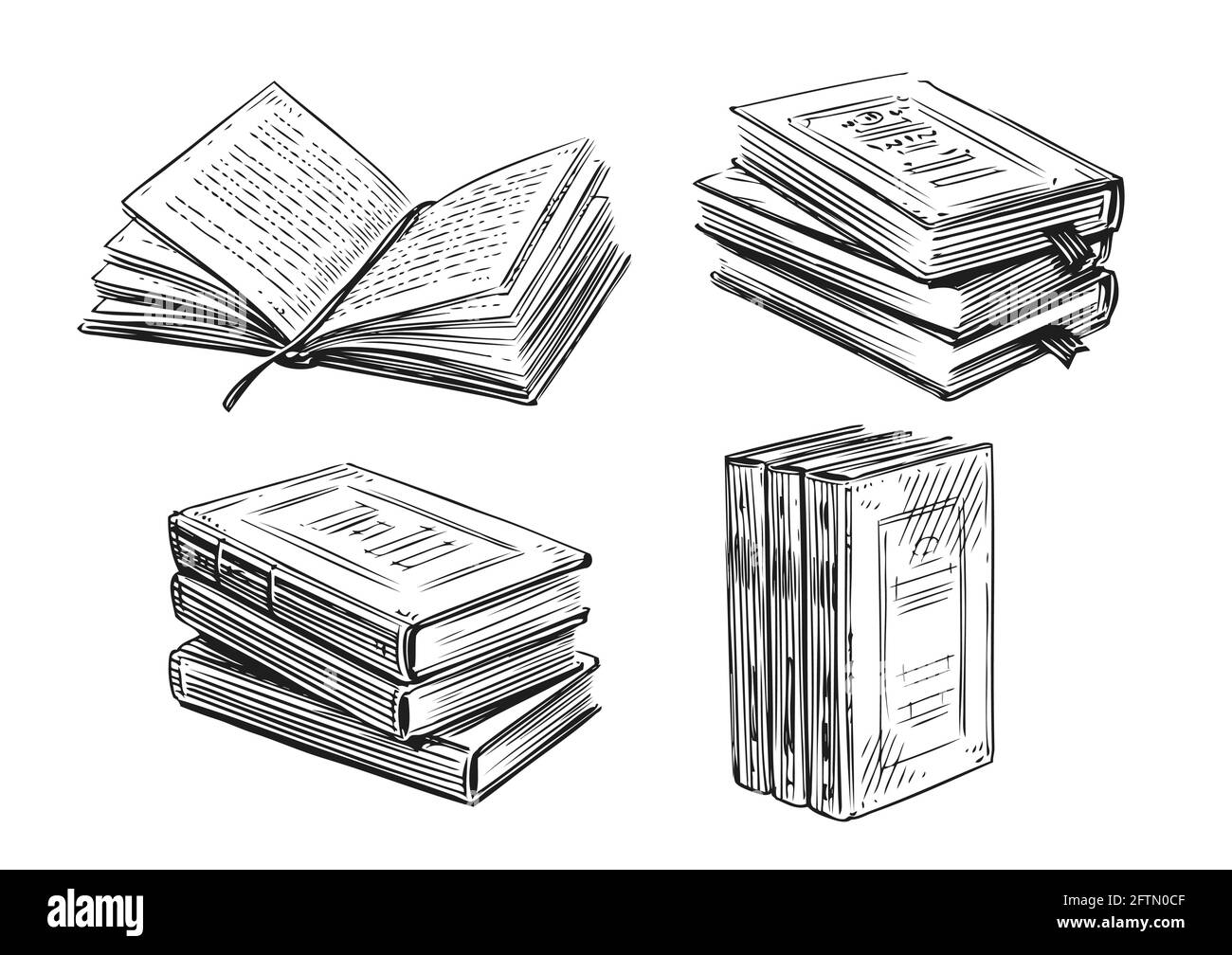 Croquis de libros. Literatura, concepto de biblioteca en estilo vintage. Elementos de diseño vectorial dibujados a mano Ilustración del Vector