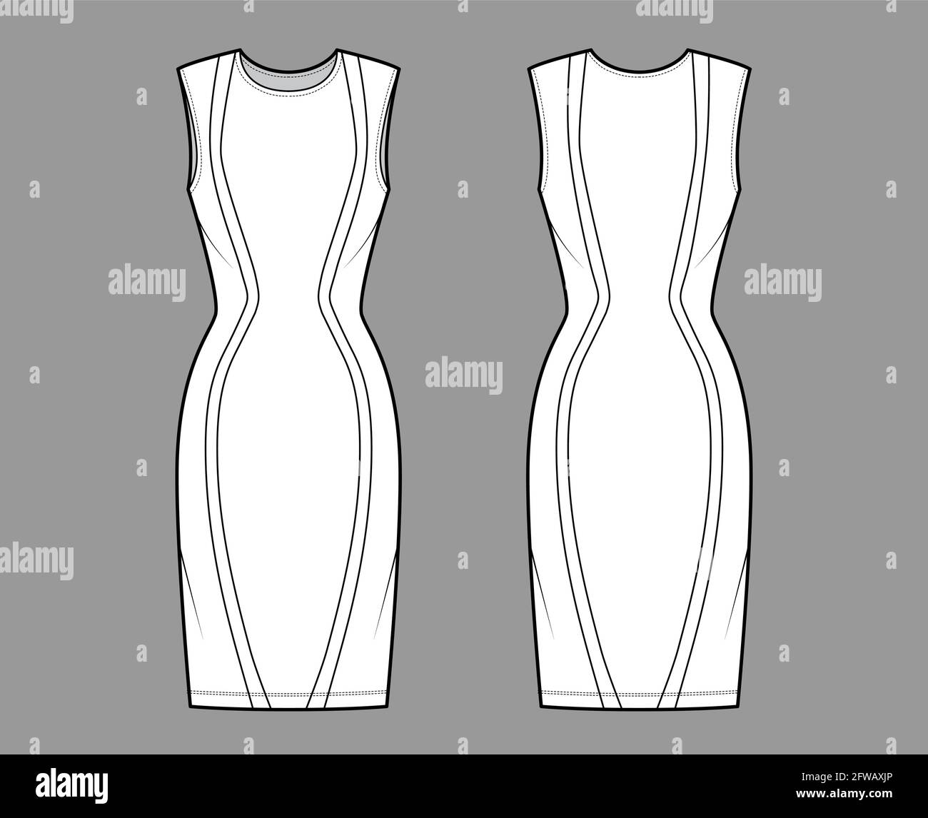 Ilustración técnica de la moda del panel de vestido con silueta de reloj de  arena, sin mangas, cuerpo ajustado, falda de tubo hasta la rodilla. Prendas  planas en la parte delantera, trasera,