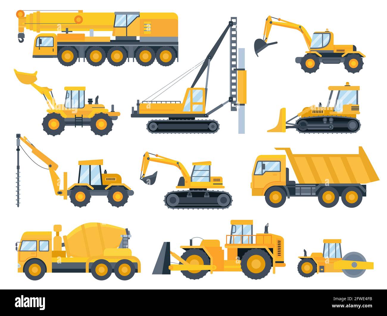 Máquinas de construcción. Maquinaria pesada para construcción, excavadora,  bulldozer, camión, tractor y vehículo de grúa. Equipo de construcción  conjunto de vectores planos Imagen Vector de stock - Alamy