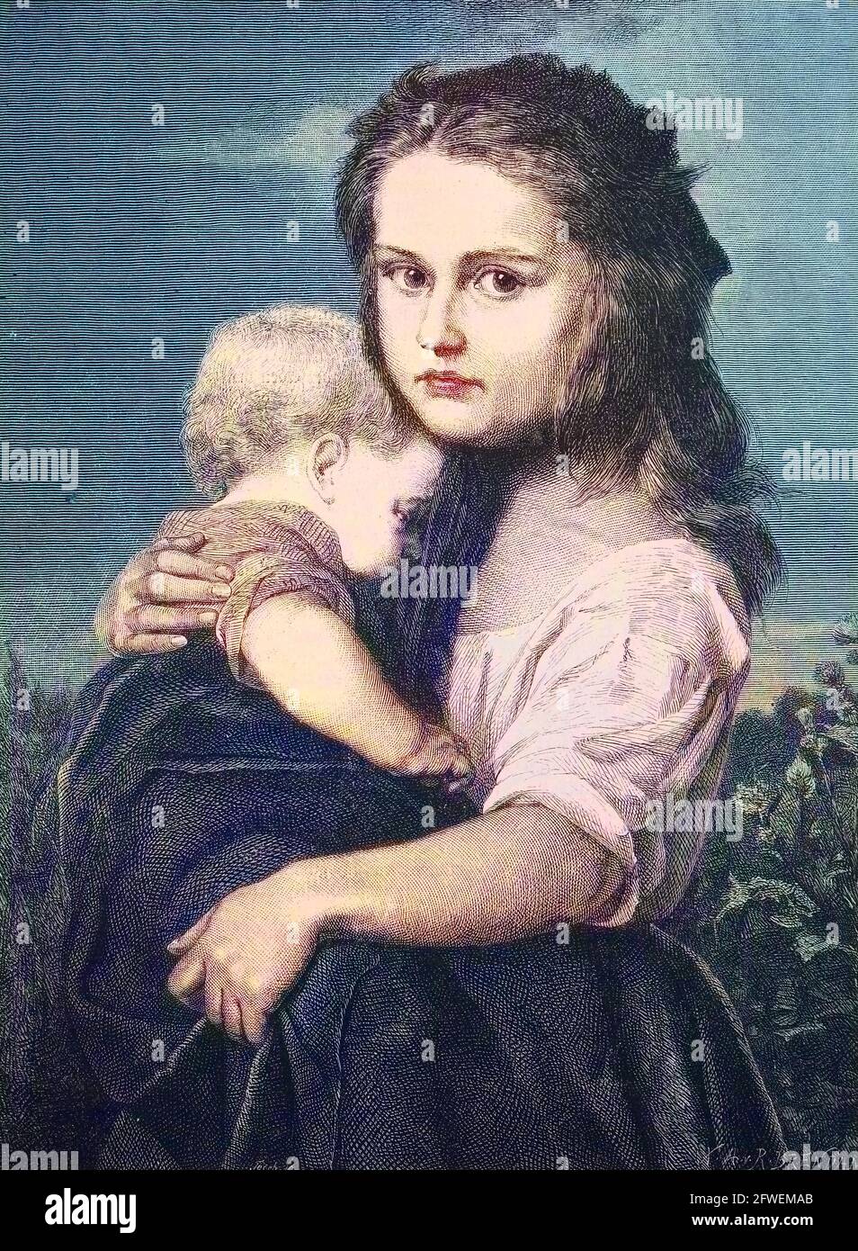 Un niño que sostiene a su hermana bebé / clase de la hält sena schwester, bebé, historich, histórico, digital reproducción mejorada de un original del siglo 19th / digitale Reproduktion einer Originalvorlage aus dem 19. Jahrhundert, Originaldatum nicht bekannt, koloriert, handcoloriert, Koloration Foto de stock