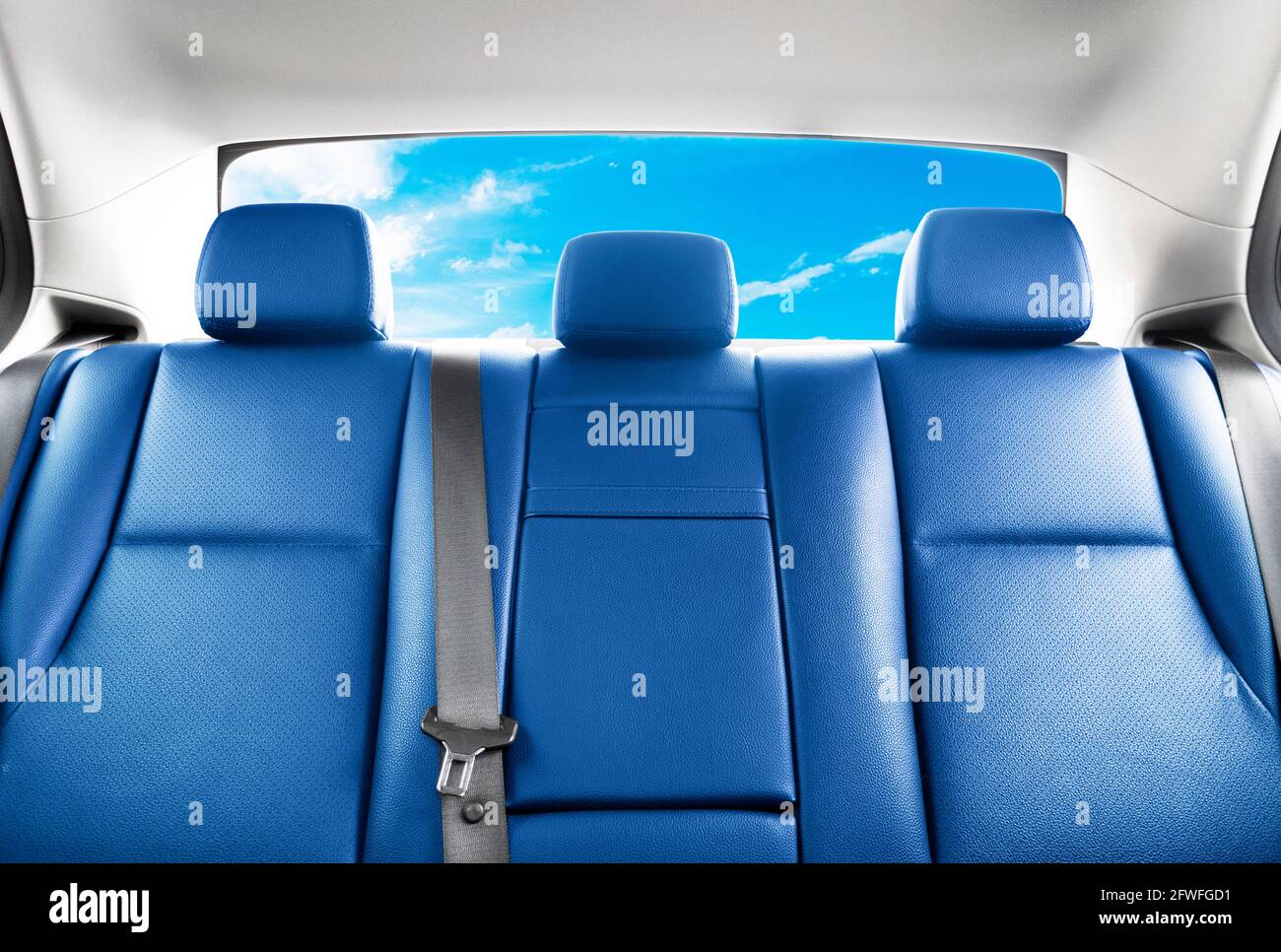 Asientos traseros de cuero rojo para pasajeros en un moderno y lujoso  coche. Piel azul perforada con pespuntes. Coche en el interior. Cómodos  asientos de cuero en color azul. Interio de coche