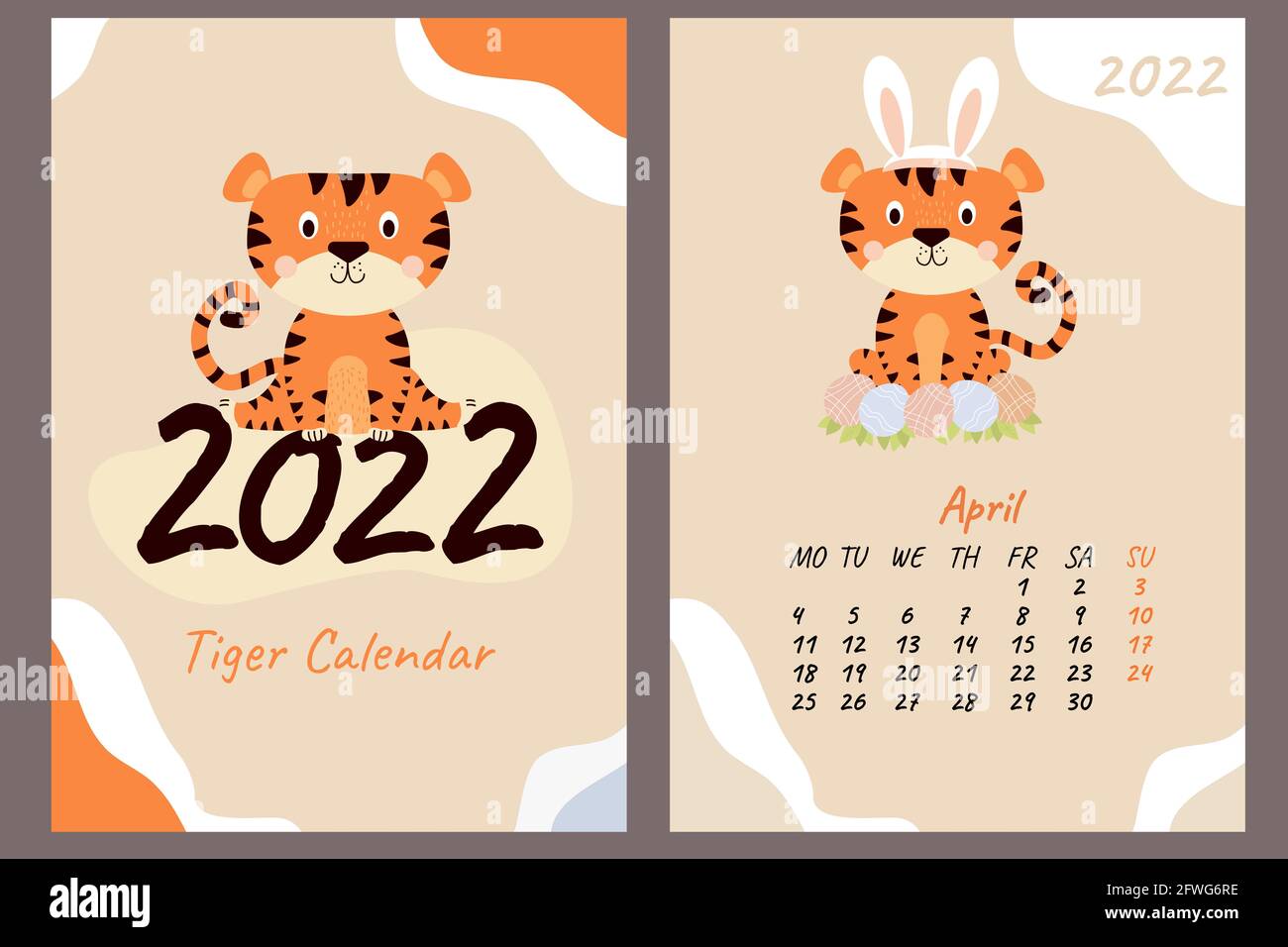 Calendario y portada de abril de 2022. Lindo cachorro de tigre de Pascua  con orejas de conejo y huevos de Pascua. Año del Tigre en chino o oriental.  Illustratio vectorial Fotografía de
