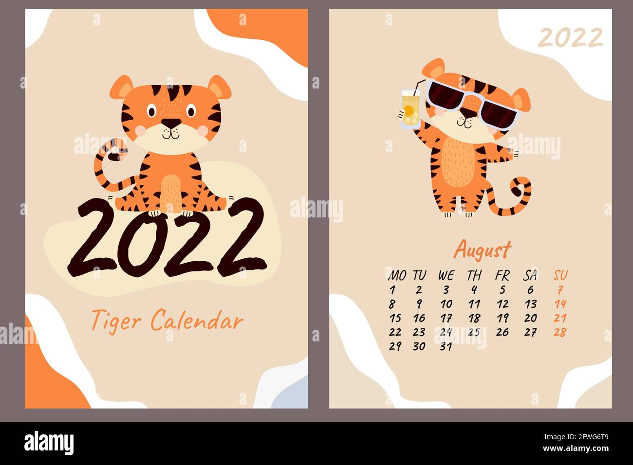 Conjunto de calendario y portada de agosto de 2022. Lindo cachorro de tigre  en gafas de sol con cóctel de cítricos. Ilustración vectorial. Plantilla  vertical A4. La semana comienza en Mo Fotografía