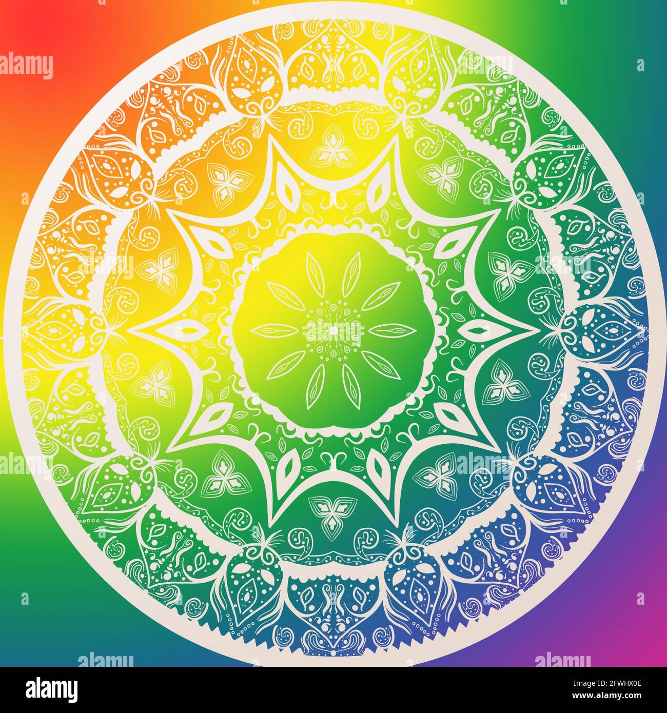 Diseño de mandala dibujado a mano con colores de orgullo arcoiris sobre fondo blanco. Ideal para festivales, fondos de pantalla, escritorio. Foto de stock