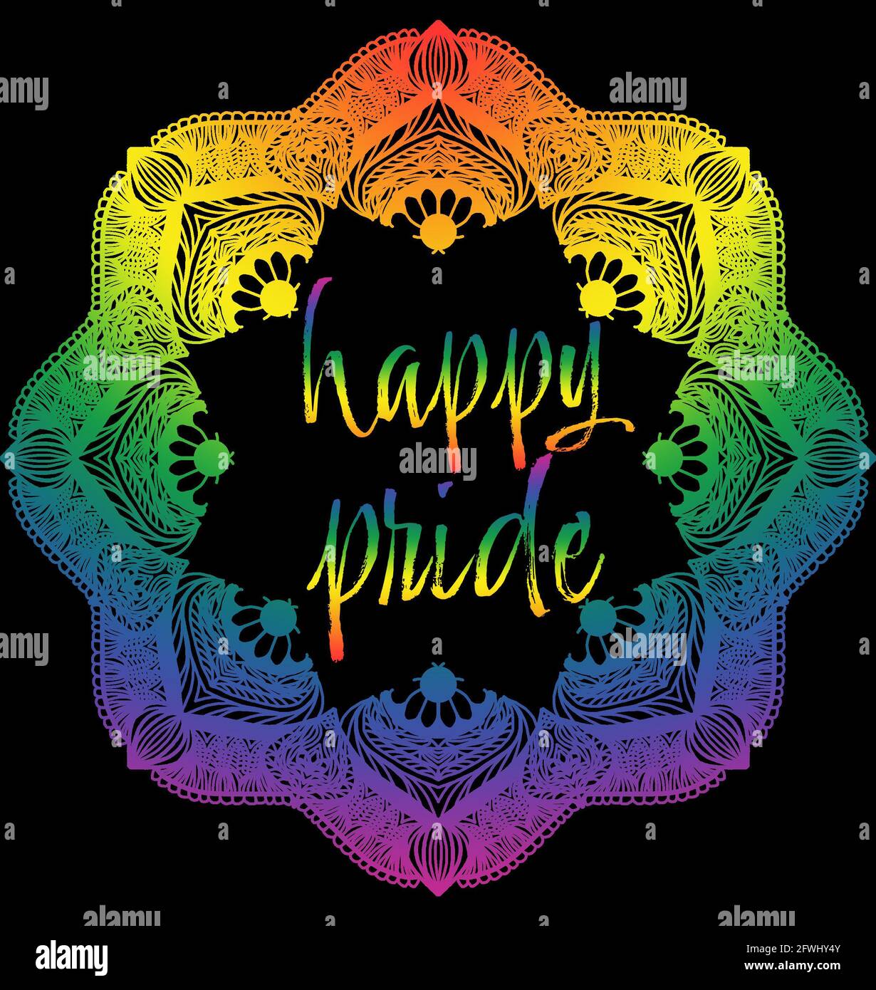 FELIZ ORGULLO LGBTQ temática mano dibujada mandala con fondo negro y colores arco iris. Foto de stock