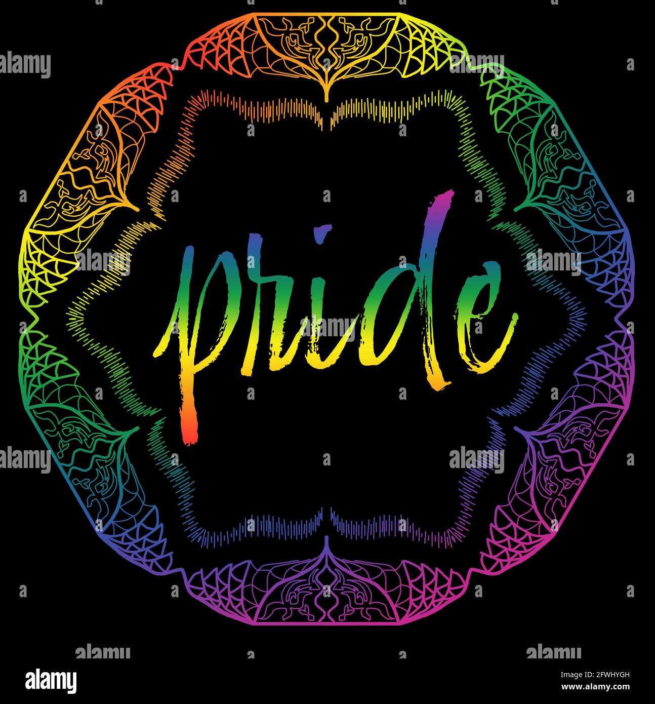 Mandala dibujado a mano con colores arcoiris para el festival del orgullo gay, LGBTQ con fondo negro y tema brillante. Foto de stock