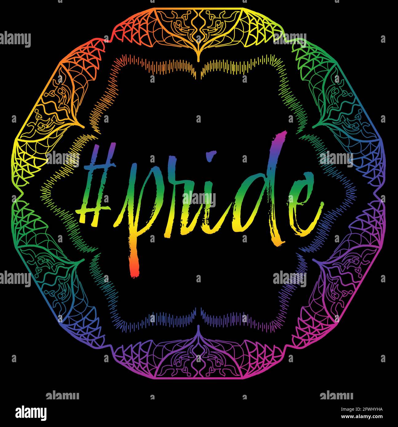 Mandala dibujado a mano con colores arcoiris para el festival del orgullo gay, LGBTQ con fondo negro y tema brillante. Foto de stock